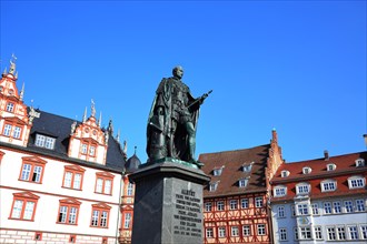 The historic old town centre of Coburg with a view of the statue of Albert Prince of Saxony.