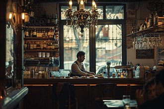 A bartender works behind a bar with vintage mood lighting and an inviting ambiance, AI generated