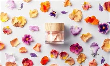 Creme jar blank mockup adorned with flower petals in various hues AI generated