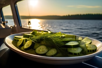 Cucumber and dill salad arranged on yacht deck dawns early morning light casting a soft glow, AI