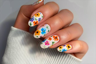 Woman's fingernails with small colorful flower nail art design. KI generiert, generiert, AI