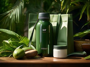 Reusable water bottle nestled between cloth shopping bags and bamboo utensils, AI generated