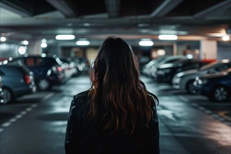 Back view of young woman alone in dark parking garage. KI generiert, generiert, AI generated
