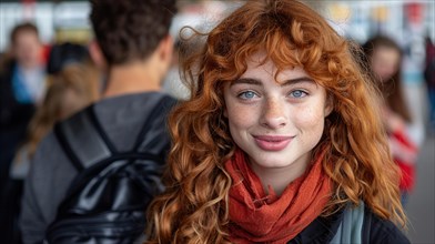 Candid portrait of a smiling young woman with redhead and freckles in a school setting, AI