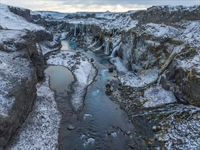 Hrauneyjarfoss waterfalls, drone shot, Sudurland, Iceland, Europe