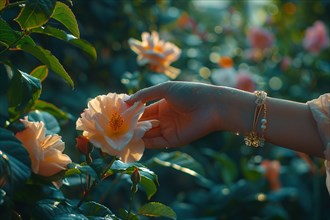 Close-up of a hand gently touching a blooming rose in a sunlit garden, AI generated