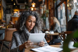 Focused woman reading on a tablet in a cozy cafe setting, AI generated