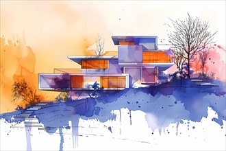 Stylish modern house depicted in transparent and colorful watercolor style, illustration, AI