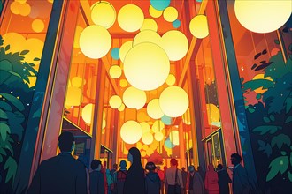 Indoor space with hanging lanterns and people gathered, creating a warm ambiance, illustration, AI
