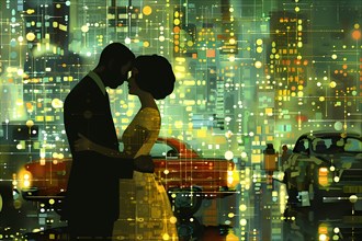 Silhouetted couple kissing against a digital art cityscape sparkling with night lights,