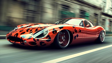 Funny 3d Classic car with leopard spots speeding through a city, AI generated