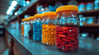 Colorful medicine bottles lined up on shelves in a pharmacy setting, AI generated