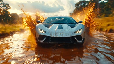 A white sports car racing through water, causing a massive splash, in a forest environment, AI