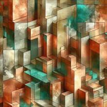 Green and copper geometric shapes creating an illusion of depth with a textured surface, AI