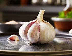 Fresh garlic on a rustic wooden table under natural light, AI generated, AI generated