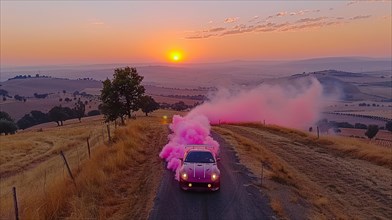 Car with pink smoke trail driving down a rural road at sunset, AI generated
