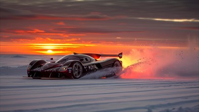Race car driving at high speed on a snowy track during sunset, AI generated