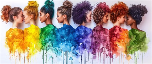 A row of women's profiles in vibrant rainbow colors, celebrating diversity through watercolor with