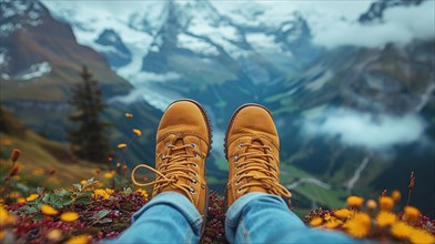 Feet in yellow boots overlooking a breathtaking mountain landscape, embodying peace and scenic