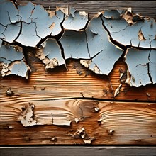 Cracked paint on a wooden surface symbolizing the impact of extreme weather conditions, AI