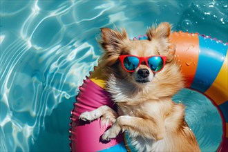 Cute Pomeranian dog with red sunglasses lying in floating tire in swimming pool water. KI