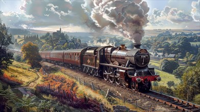 A classic steam locomotive moves along a track on a sunny day with clouds above rolling hills, ai