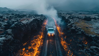 Four-wheel drive making its way across rocky lava fields at night, action sports photography, AI