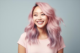 Asian woman with pastel pink and violet hair on blue studio background. KI generiert, generiert, AI