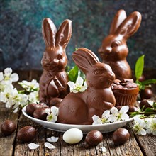 Chocolate Easter bunny on a plate with white flowers, surrounded by rustic wood, symbolising