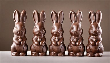 Six brown chocolate bunnies next to each other on a light background, Easter symbol, AI generated,