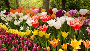 Lots of colourful tulips blooming in the garden, spring, AI generated, AI generated