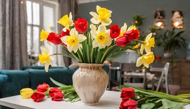 A large bouquet of yellow daffodils and red tulips in a vase stands on the table in the flat, AI