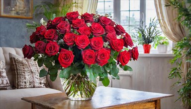 A large bouquet of red roses in a vase, stands on the table in the flat, AI generated, AI generated