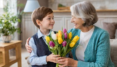 A boy joyfully presents his grandmother with a colourful bouquet of tulips, KI generated, AI
