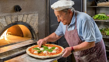 Pizza baker in Naples, Italy, preparing a pizza, in front of the pizza oven, AI generated, AI