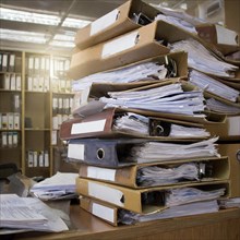 Piles of files and folders chaotically lined up in an office, symbolism bureaucracy, AI generated,