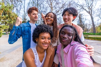 Personal perspective of a group of young happy diverse friends taking a group selfie in a park