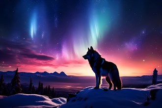 Lone wolf silhouette perches on a snow clad ridge inviting the illustrious display of aurora