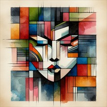 A geometric cubist portrayal of a face with vibrant colors, square aspect, AI generated