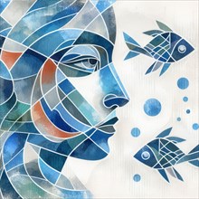 Abstract minimalist mosaic of a woman's profile with fish and geometric shapes in blue over white,
