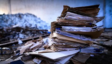Piles of papers and documents in a destroyed environment, symbol bureaucracy, AI generated, AI