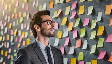A smiling businessman looks thoughtfully at post-it notes on a wall, symbolising bureaucracy, AI