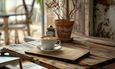 A cup of coffee on a wooden table next to a menu in a cozy cafe setting AI generated