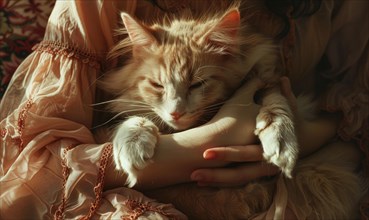 A fluffy cat sleeps soundly while being cuddled by a person in warm lighting AI generated