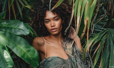 Woman emerging from tropical leaves, blending into the lush greenery with natural beauty AI