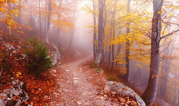Serene forest trail in autumn with fallen leaves, shrouded in a gentle mist AI generated