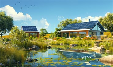 Serene cottage with solar panels amidst wildlife and reflections on a pond AI generated