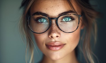 Portrait of a young woman with blue eyes, glasses, and freckles, illuminated by soft lighting AI