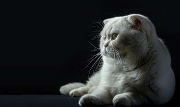 Serious white cat sitting on a dark background with a reflective pose AI generated