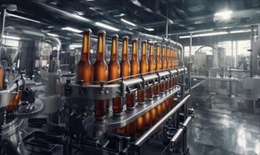 Beer production at the factory, conveyor belt with bottles of beer, AI generated